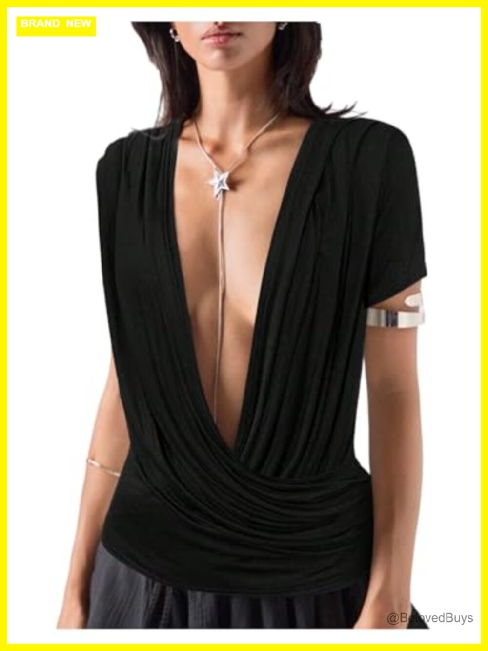 SOLY HUX Women's Cowl Neck Short Sleeve Draped Fitted T-Shirt